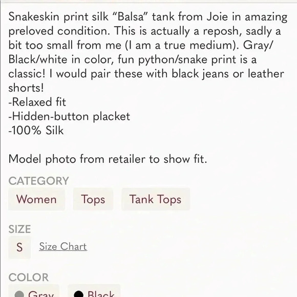 Joie 100% Silk Snake Print Racerback Tank Small​​ - Picture 14 of 14